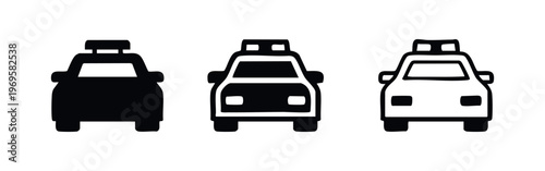 Police car front view icon set in different styles, symbolizing law enforcement and security.