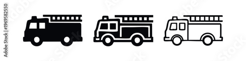 Fire truck with ladder icon set in various styles, symbolizing emergency response and fire rescue.
