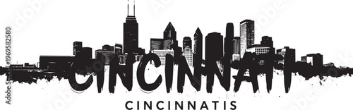 Black And White City Skyline Illustration With The Word Cincinnati For Cityscape And Urban