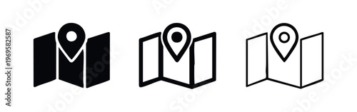 Folded map with location pin icon set in different styles, representing navigation and travel.
