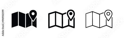 GPS map location pin icon set in different styles, representing navigation, directions, and travel points.