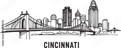 Cincinnati City Skyline Hand-drawn Sketch Vector Art With Downtown Buildings And Iconic Bridges For Trave