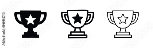 Star trophy cup icons in solid and outline styles, symbolizing excellence and top performance