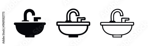 Kitchen sink with faucet icons in solid and outline variations, symbolizing domestic utilities