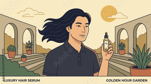 Young man with long hair holding a bottle in a garden setting.