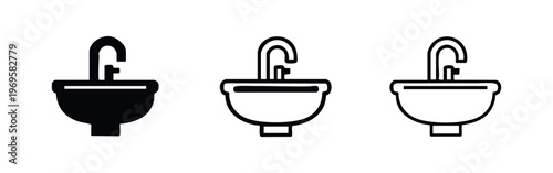 Bathroom sink with faucet icons in various styles, representing plumbing and hygiene