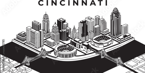 Cincinnati Cityscape Skyline With Bridges And Stadiums, Line Art Illustration In Outline Style