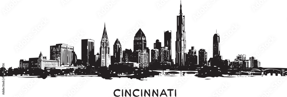 Fototapeta premium Cincinnati Skyline Cityscape Silhouette Illustration With Bridges And Trees In Outline Style