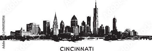 Cincinnati Skyline Cityscape Silhouette Illustration With Bridges And Trees In Outline Style