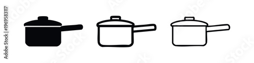 Saucepan with lid and handle icon set in hand drawn style. Kitchen cookware symbol.