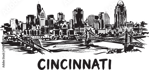 Cincinnati Skyline Illustration With Bridges In A Sketched Black And White Style In Outline Style