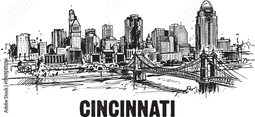 Cincinnati Skyline Illustration With Bridge And City Buildings In Sketch Style In Outline Style