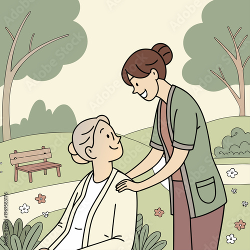 A woman assisting an elderly person in a park