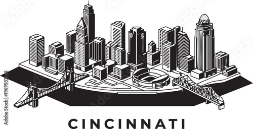 Cincinnati Skyline Illustration With Suspension Bridge And Stadium In Black And White Isometric Style
