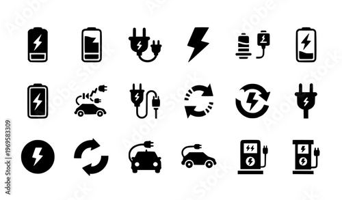 Charging Solid Icon Set Battery Energy Electric Vehicle Vector