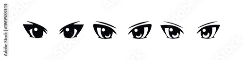 Anime eyes vector icon set showing various gazes and emotions, black and white design.