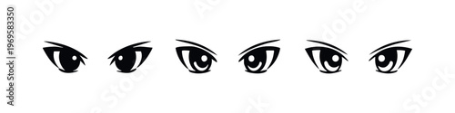 Anime eyes set with different expressions and styles, vector illustration isolated on white background.