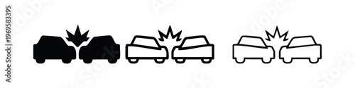 Car crash accident icon set, vehicle collision and road safety warning vector illustration.