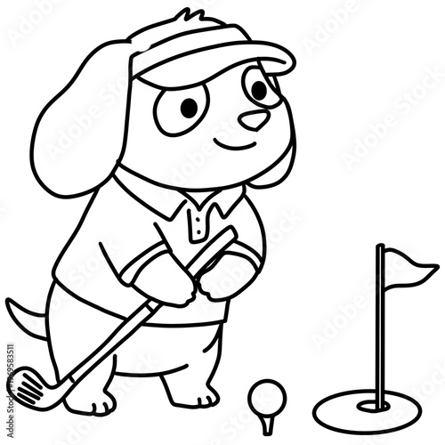 Cute cartoon dog playing golf coloring page - Puppy with golf club and visor line art