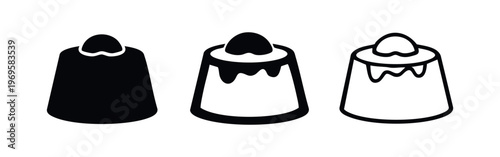 Sweet Pudding Dessert Icon Set with Cherry Topping. Delicious Confection Vector Illustration for Cafes.