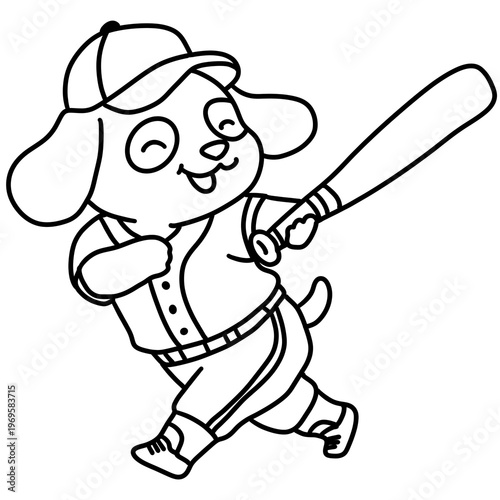 Cute cartoon dog playing baseball coloring page - Happy puppy swinging a bat line art