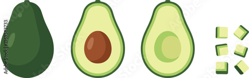 Avocado Vector Set Featuring Whole, Sliced, and Cubed Illustrations with Rich Green Flesh and Brown Seed for Digital Media and Culinary Designs
