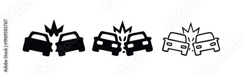 Car Accident Icon Set. Vehicle collision symbol with two cars crashing head-on. Road safety and insurance graphic.