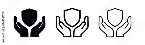 Hands holding shield icon set. Protection, security, insurance concept vector illustration.