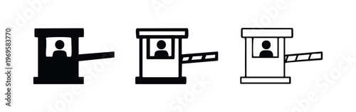 Toll Booth with Operator Icon Set. Checkpoint barrier symbol with a person inside. Road access control illustration.