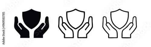 Hands cradling shield icon set. Safety, security, and protection emblem vector illustration.