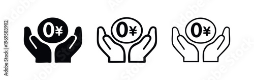 Hands Holding a Zero Yen or Yuan Coin Icon Set. Vector illustration of no cost, free, and zero payment symbol.