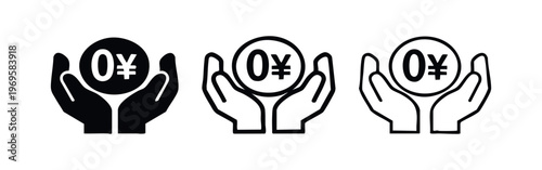 Hands Holding a Zero Yen or Yuan Coin Icon Set. Vector illustration of no cost, free, and zero payment symbol.