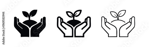 Hands Holding a Growing Plant Seedling Icon Set. Vector illustration of nature, growth, and environmental care symbol.