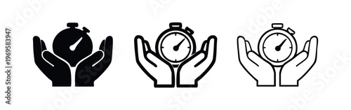Hands holding a stopwatch icon set. Time measurement, productivity, and deadline planning concept.