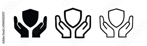 Hands holding a shield icon set. Protection, security, safety, and defense concept.