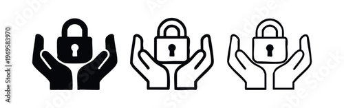 Hands holding a padlock icon set. Security, privacy, data protection, and access control concept.