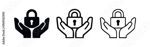 Hands holding a padlock icon set. Security, privacy, data protection, and access control concept.