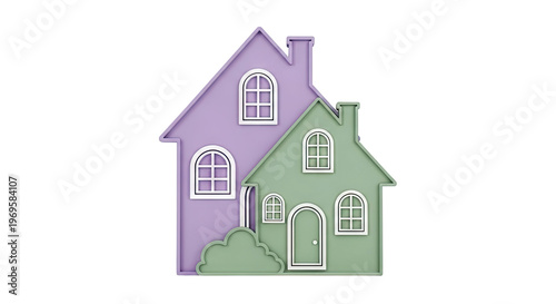 Two stylized houses, one purple and one green, against a white background