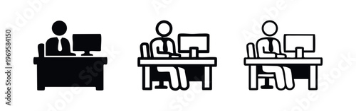 Person Working at Desk Icon Set. Office, Employee, and Computer Symbols. Business and remote work.