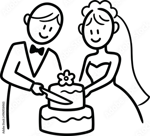 행복한 웨딩 커플 라인 벡터 일러스트