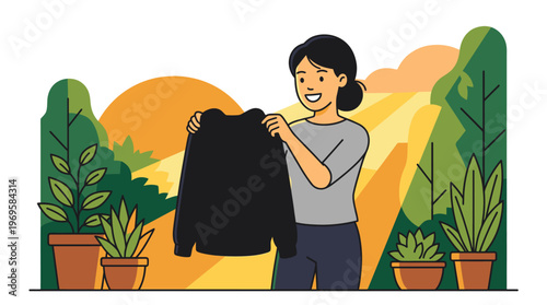 Woman Holding Black Clothing Garment Outdoors.