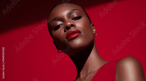 Elegant woman with red lipstick and red background, beauty and fashion glamour concept