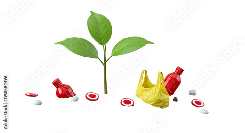 Young plant growing amidst plastic pollution