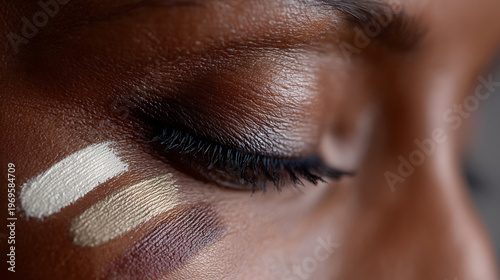 Artistic close-up of closed eye with makeup foundation swatches, beauty and cosmetic concept