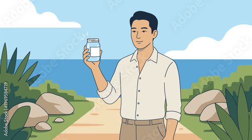 Man Holding Glass of Water Outdoors Scenic Background.