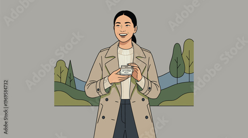 Woman Holding Smartphone Outdoors in Nature.