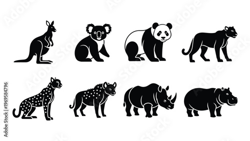 A collection of diverse animal forms including a kangaroo koala panda and rhinoceros presented in black silhouette high quality professional detailed