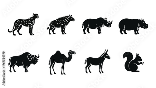 A collection of african wildlife animals is displayed in a row rendered as striking black silhouettes high quality professional detailed modern