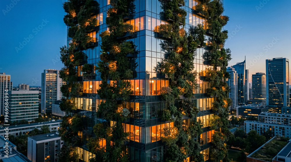 Obraz premium Futuristic vertical forest glass skyscraper at twilight golden hour