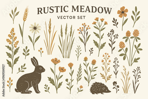 Set featuring rustic meadow wildflowers, grasses, bunny, and hedgehog. Suitable for natureinspired brands seeking a whimsical touch.